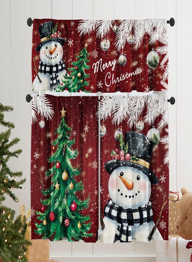 Deztibos Christmas Kitchen Tier Curtains and Valance Set, Snowman Xmas Tree Bird Snowflake Rustic Wood Grain Curtain Tiers Set for Living Room Cafe Rod Pocket Window 3 Piece, 52''x18''+26''x36''x2 - Image 1